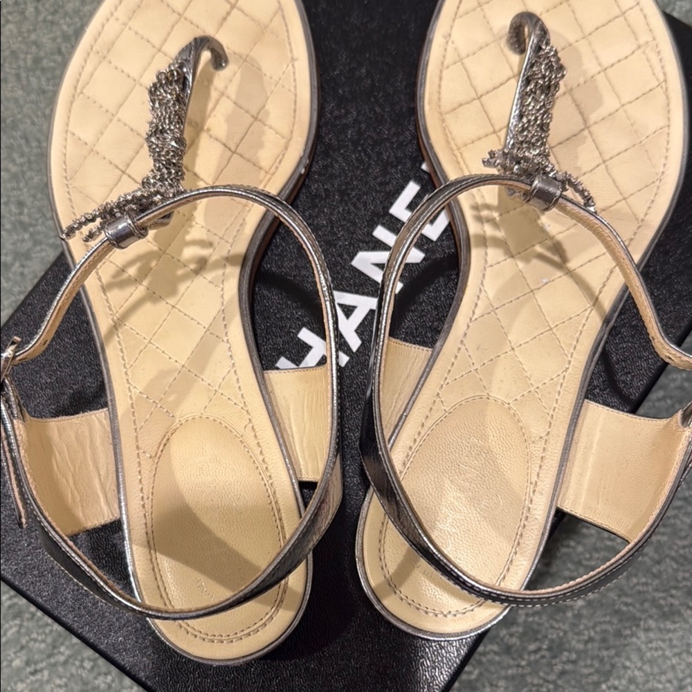 Chanel Silver Chain T-Strap Sandals - Picture 5 of 9